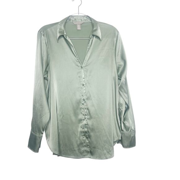 H&M Long Sleeve Satin Button Up Shirt Relaxed Fit V-Neck Sage Green Womens Sz L - Picture 10 of 10